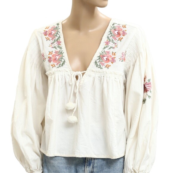 Free People Lucia Blouse Top Floral Embroidered Cotton Balloon Sleeve S 283596 - Picture 6 of 8